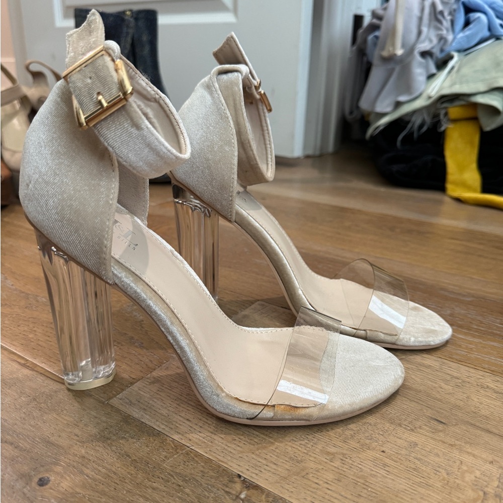 Women’s Boutique velvet clear block heel open toe heeled sandal